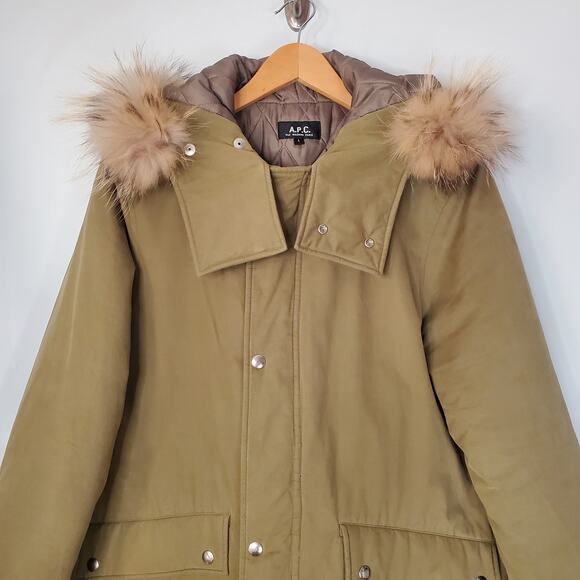A.P.C. Rue Madame Paris Quilted Racoon Fur Hooded Parka Jacket Green Size Large - Picture 5 of 10